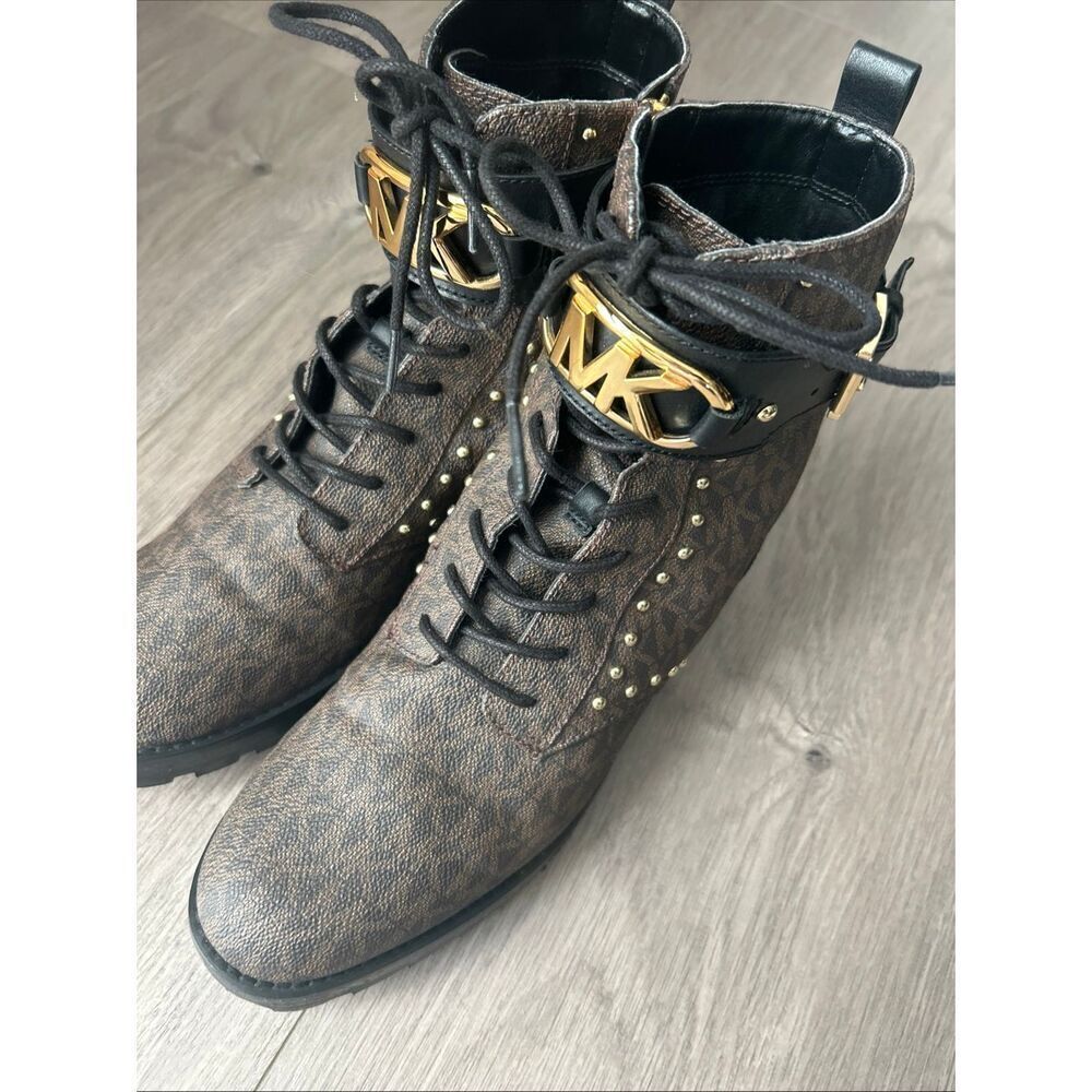 Michael Kors Women's Lace-Up Boots US7.5/24cm Leather Monogram Gold Mint